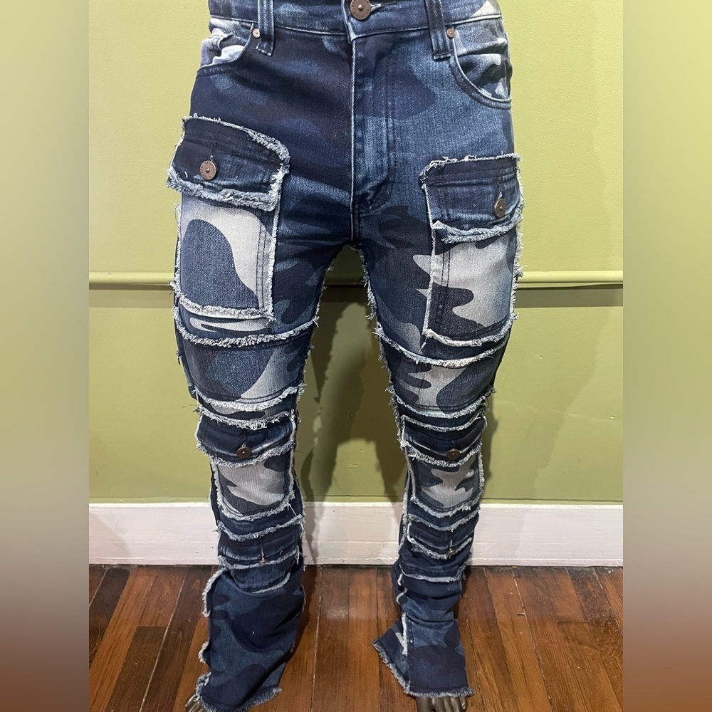 Bleecker&Mercer Camouflage Cargo Jeans blue premium denim stack flare fit - Picture 1 of 5